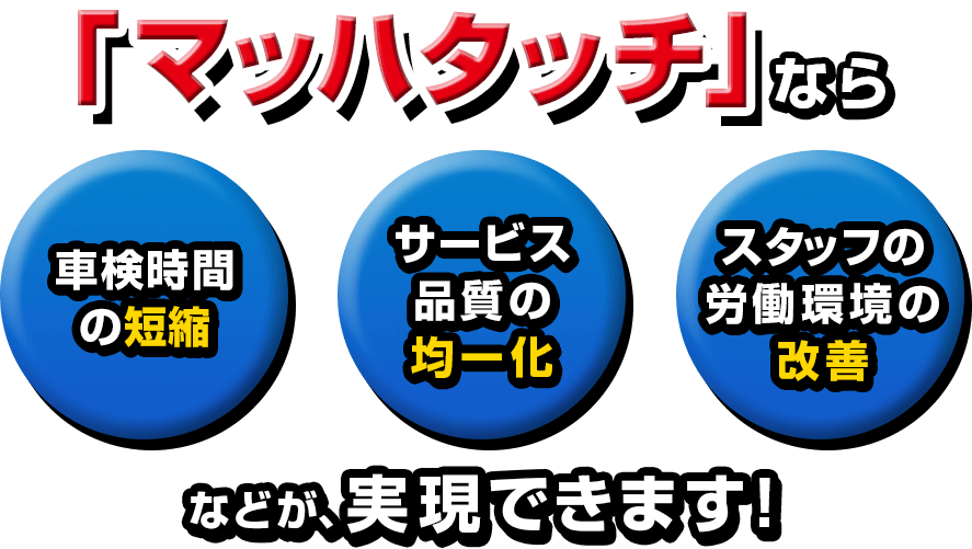 マッハタッチなら、車検時間の短縮、サービス品質の均一化、スタッフの労働環境の改善などが実現できます！